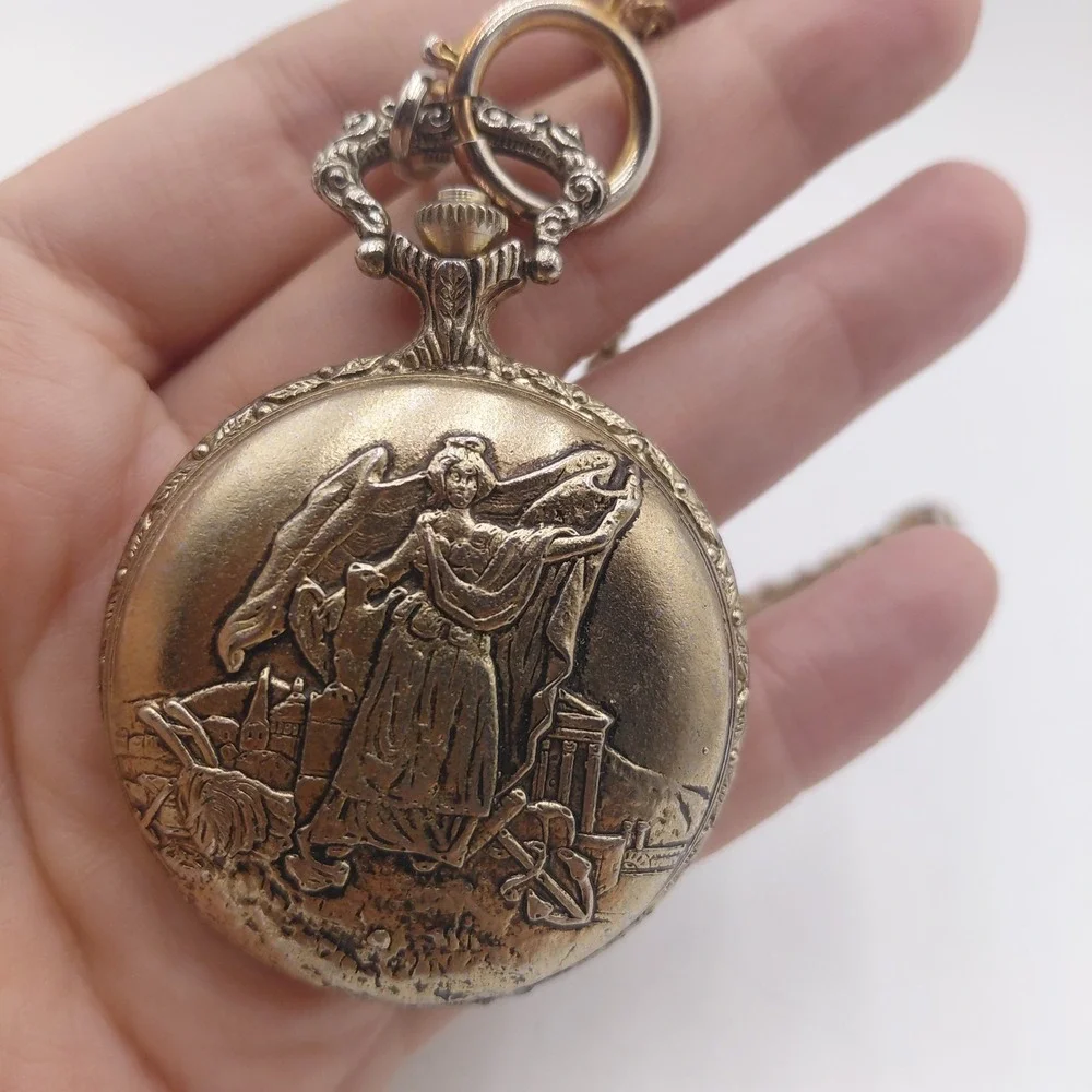 Vintage Sundial 17 Jewels Pocket Watch Etched Design Chain Not Working